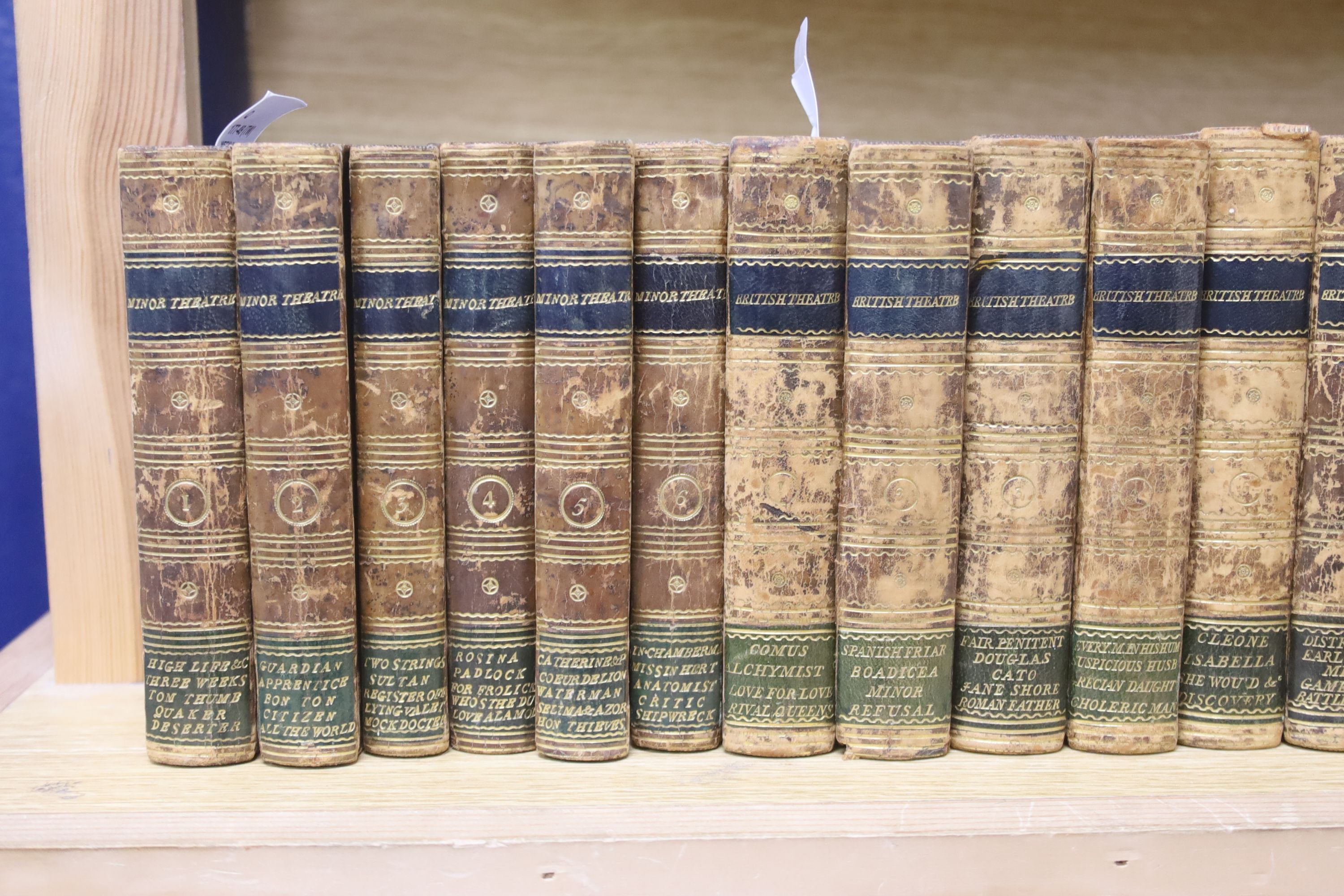 John Bell, British Theatre, 34 vols, 1791-1797, gilt-tooled tan calf, marbled end boards and a similarly-bound set of Bell's Minor Theatre